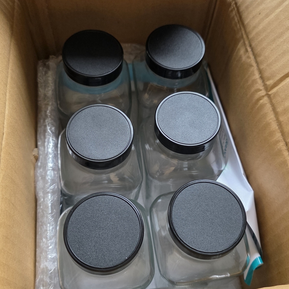 Set of Six Glass Jars with Black Lids - Picture 1 of 3